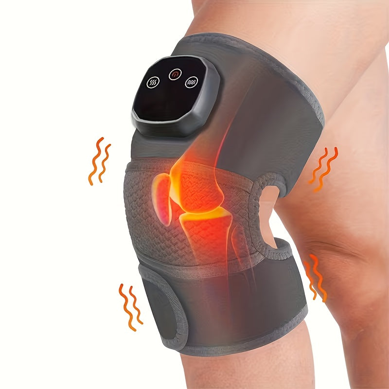 A person uses the A Warming Knee Cushion, a knee support with heat and massage features. Vibrant orange waves show its heat and vibration for pain relief, while USB charging provides easy, anytime power.