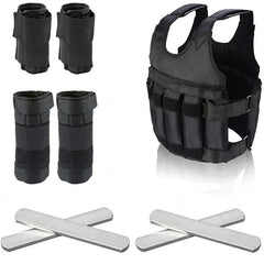 15-50kg adjustable black weight vest with steel plates and matching weighted wrist and ankle straps for strength training