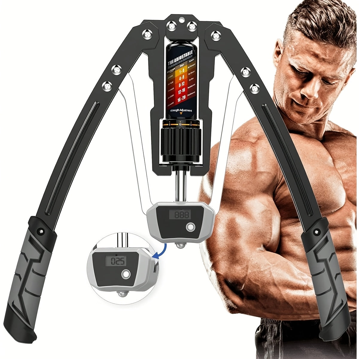 A muscular man stands by the Versatile Hydraulic Chest Expansion Bar (22-440lbs), a black handheld fitness device with carbon steel grip handles, tension adjustment dial, and digital display—ideal for men and women’s upper body workouts at home.