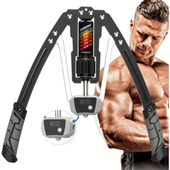 A muscular man stands by the Versatile Hydraulic Chest Expansion Bar (22-440lbs), a black handheld fitness device with carbon steel grip handles, tension adjustment dial, and digital display—ideal for men and women’s upper body workouts at home.