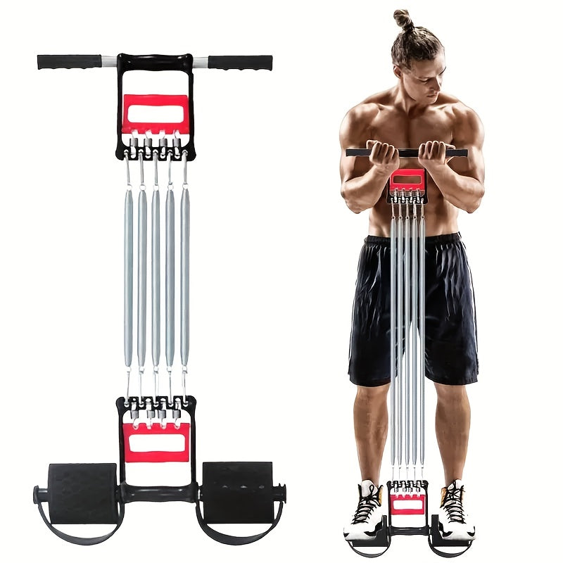 A muscular person in shorts demonstrates the Versatile Stainless Steel Pedal Puller—adjustable resistance for arm and chest training—featuring five springs and foot pedals, made in Shandong, China; equipment shown separately on white.