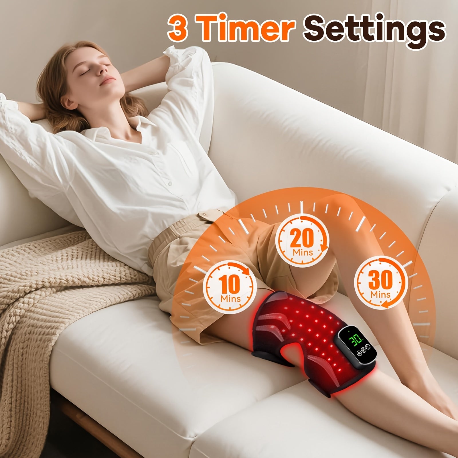 A woman relaxes on a sofa with the Warming Knee Cushion, a knee support and massager that features heat, vibration, USB charging, a rechargeable battery, and a timer display with options for 10, 20, or 30 minutes.