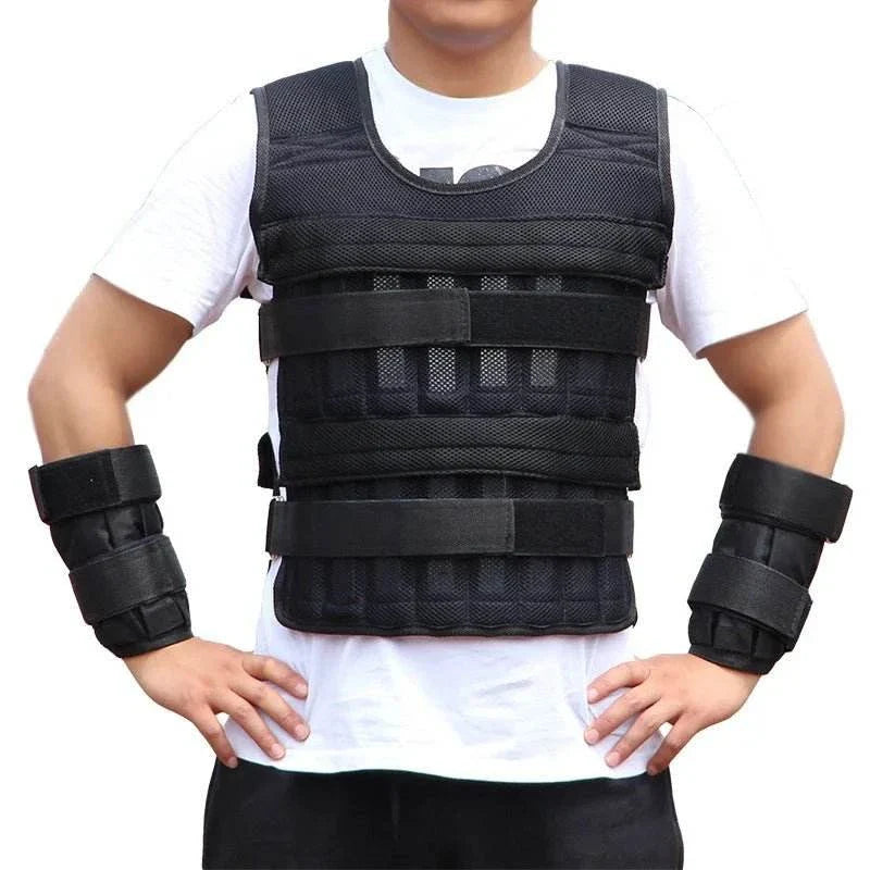Black 20kg loading weighted vest with adjustable straps worn over white t-shirt for fitness training