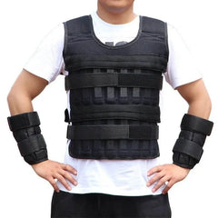 Black 20kg loading weighted vest with adjustable straps worn over white t-shirt for fitness training