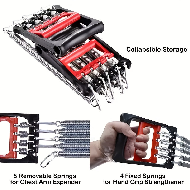 Versatile Stainless Steel Pedal Puller with adjustable resistance for arm and chest training. Includes 5 universal expander springs and a hand grip option with 4 springs. Shown folded for storage and in use for strength workouts.