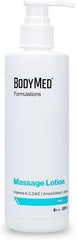 An 8 oz. white bottle of BodyMed Formulations Fragrance-Free Massage Lotion with a pump, featuring all-natural arnica extract and jojoba. This non-staining, paraben-free lotion is ideal for massage therapy.