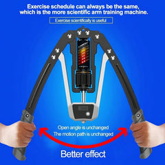 The Versatile Hydraulic Chest Expansion Bar (22-440lbs) is shown gripped at both ends, highlighting its smooth motion path and open angle. A digital display is visible, set against a blue background, for effective home upper body workouts.