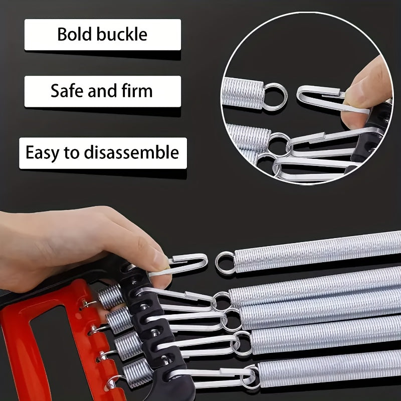 A close-up of a hand attaching stainless steel springs with bold buckles to the Versatile Stainless Steel Pedal Puller. Text: Bold buckle, Safe and firm, Easy to disassemble. Universal fit. Made in Shandong, China.