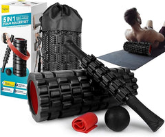 5 in1 Foam Roller Set for Deep Tissue Muscle Massage, High Density Fitness Exercise Foam Roller, Massage Roller, Massage Ball, Resistance Band, for Whole Body (Black) - Showlu Well Nation Store