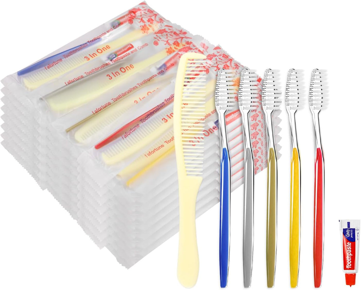 50 Pack Disposable Toothbrushes with Toothpaste and Comb for Homeless Individually Wrapped - Suitable for Hotel,Air Bnb,Shelter/Homeless/Nursing Home/Charity(（50 pcs）) - Showlu Well Nation Store