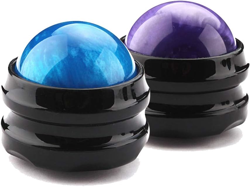 The Massage Roller Ball 2-Pack includes blue and purple handheld massagers in black holders. With a glossy marbled look, they provide deep tissue massage for sore muscles and joint pain relief, promoting full body relaxation.