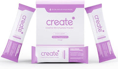 A box labeled Create Single Serve Creatine Monohydrate Powder in mixed berry is shown with purple and white stick packs. Each sugar-free, vegan, non-GMO packet provides 5g Creapure creatine for strength, energy, and recovery.
