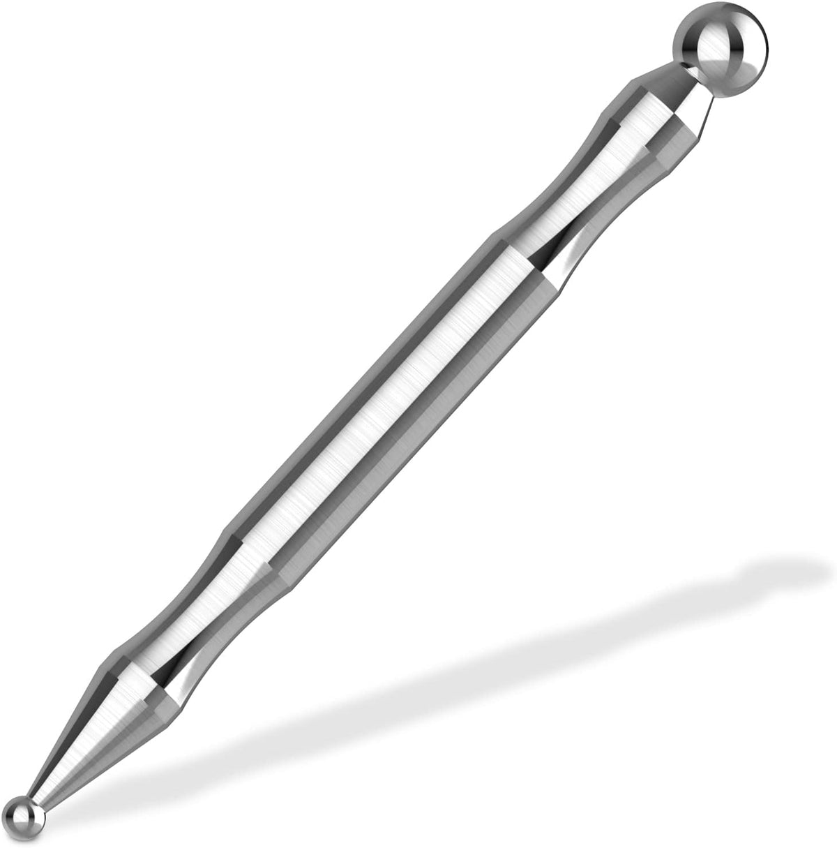 The Acupuncture Pen is a stainless steel, double-ended tool with different-sized ball tips—perfect for facial reflexology, sculpting, nail art, or as a trigger point massager and deep tissue massage tool for targeted relief.