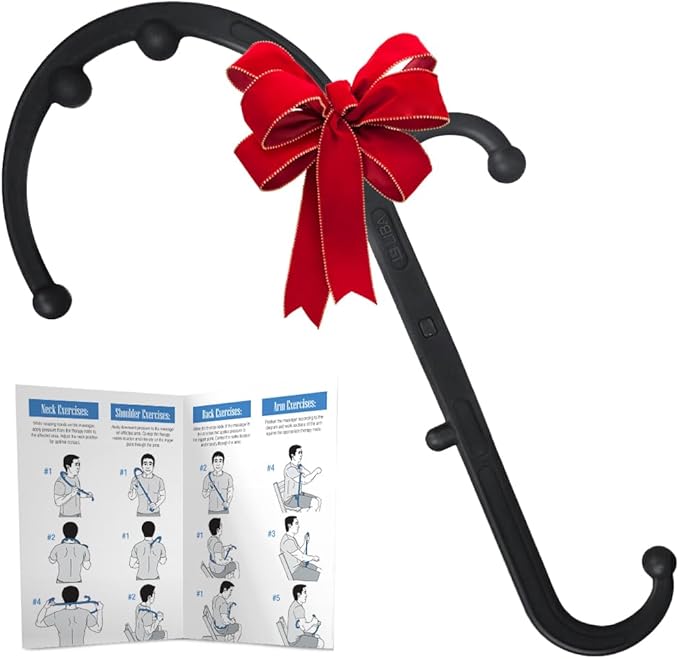 The LiBa Back and Neck Massager, a black handheld trigger point tool with knobs and a red bow, is displayed beside an instructional booklet showing neck, shoulder, and arm exercises.
