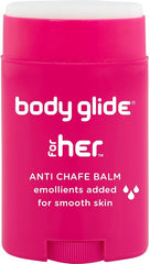 A pink stick of Body Glide For Her Anti Chafe Balm with white text notes added emollients for hydration and moisture retention; designed for dry, sensitive skin and areas prone to chafing—chest, bra line, butt, groin, arms, and thighs. 1.5oz.