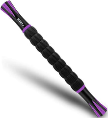 The Muscle Roller Massage Roller Stick (Purple Black-18 inch) features grooved rollers and purple-accented handles, designed for deep tissue fascia blasting, myofascial pain relief, lymphatic drainage, and physical therapy recovery.