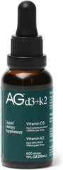 A brown glass dropper bottle labeled AG1 Vitamin D3 K2 Drops by Athletic Greens offers 1000IU D3 and 100mcg K2 per serving, supporting bone density and calcium absorption. Each 1 fl oz (30mL) bottle contains 600 drops.