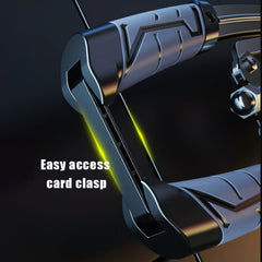 Close-up of the Hydraulic Adjustable Arm Trainer (22-440 lbs), crafted from carbon steel with non-slip handles. Yellow light highlights its adjustable arm slot. White text reads Easy access resistance clasp on a dark background.
