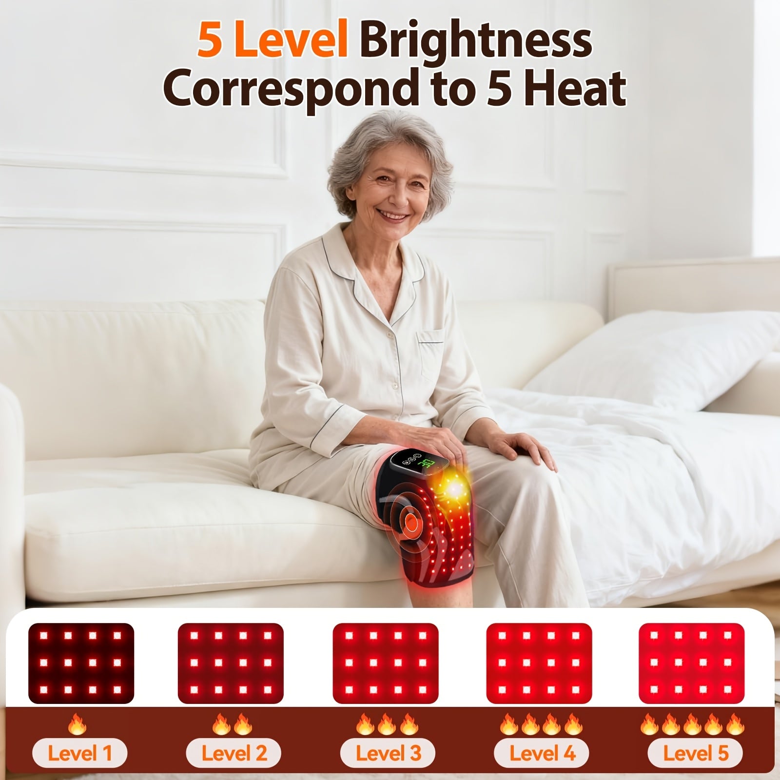 An older woman smiles on a couch, wearing the Warming Knee Cushion—a knee massager with heat and vibration powered by USB. Text above reads “5 Level Brightness Correspond to 5 Heat,” with diagrams displaying five heat and brightness levels below.