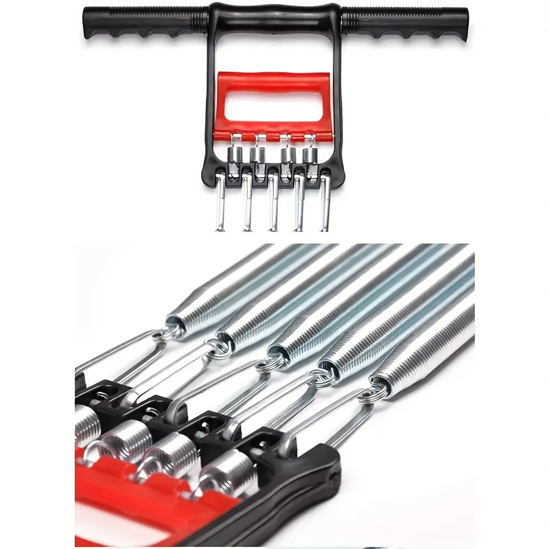 A close-up and top view of the Versatile Stainless Steel Pedal Puller with five resistance springs and black/red handles for arm, chest, and strength workouts—adjustable, for bodybuilding and sit-ups; made in Shandong, China.