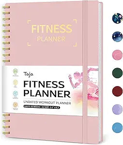 The Fitness Workout Journal for Women & Men is an A5 pink spiral-bound planner with "FITNESS PLANNER" in gold on the cover, an elastic band, and a workout-themed label—ideal for tracking gym sessions. Five color swatches shown on the right.