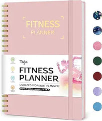 The Fitness Workout Journal for Women & Men is an A5 pink spiral-bound planner with "FITNESS PLANNER" in gold on the cover, an elastic band, and a workout-themed label—ideal for tracking gym sessions. Five color swatches shown on the right.
