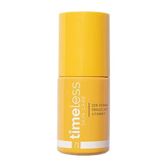 A yellow bottle of Timeless Skin Care Vitamin C Serum with Vitamin E & Ferulic Acid (1 oz), a fragrance-free brightening serum for oily and dry skin, features white text and a sleek cylindrical design on a white background.