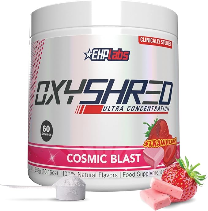 A container of EHP Labs OxyShred Pre Workout Powder in Cosmic Blast flavor features 60 servings, natural energy boost, L Glutamine & Acetyl L Carnitine. The label shows strawberry graphics and pink chewable pieces with a scoop of white powder.