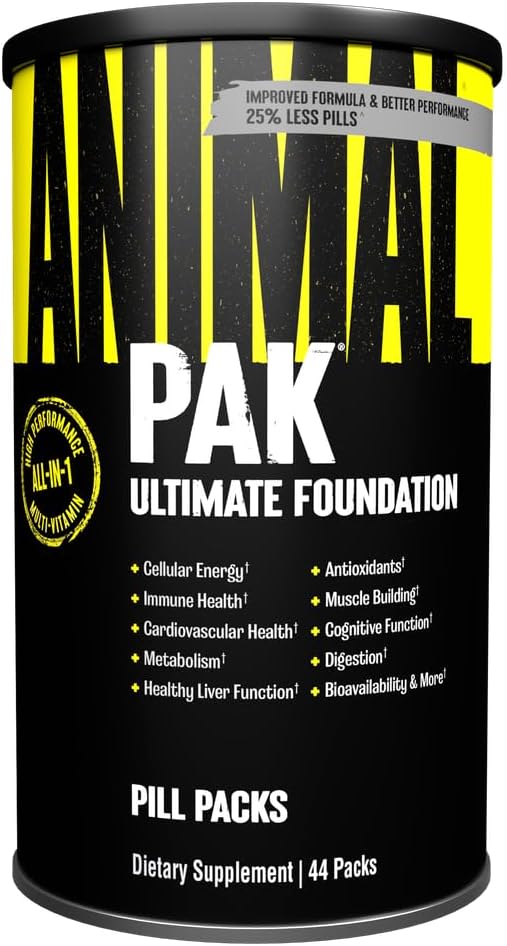 Animal Pak is a daily all-in-one multivitamin and supplement pack for men and women, with zinc, vitamins C, B, D, amino acids, immune support, and 44 packs for sports nutrition performance.