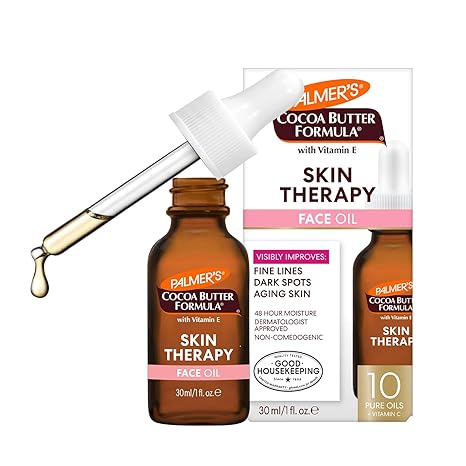 A bottle of Palmer's Cocoa Butter Formula Moisturizing Skin Therapy Oil for Face with Vitamin E, C, 10 Pure Facial Oils Blend, and Rosehip Oil fragrance (1 oz), complete with a dropper for anti-aging skin care.