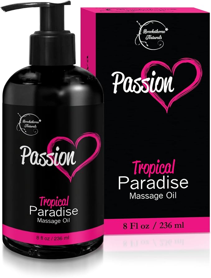 The Passion Sensual Massage Oil for Date Night by Brookethorne Naturals comes in a black bottle and box with pink accents, heart graphic, and “8 fl oz / 236 ml.” Ideal for aromatherapy or couples massage, it features Jojoba & Almond oils.