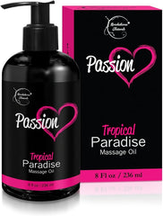 The Passion Sensual Massage Oil for Date Night by Brookethorne Naturals comes in a black bottle and box with pink accents, heart graphic, and “8 fl oz / 236 ml.” Ideal for aromatherapy or couples massage, it features Jojoba & Almond oils.