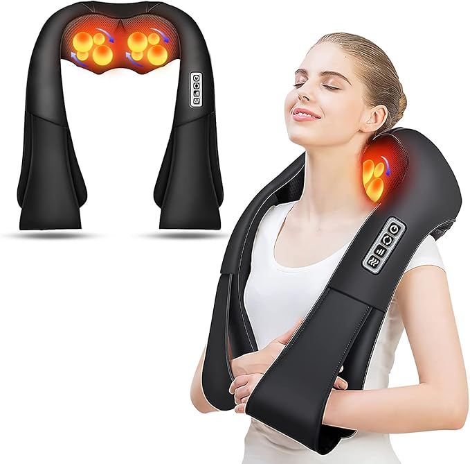 A woman uses the AERLANG Shiatsu Back and Neck Massager with heated nodes and control buttons; another image shows the massager alone with orange glowing massage nodes.