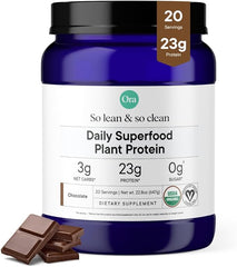 A container of Ora Organic Vegan Protein Powder in chocolate flavor, with 20 servings and 23g plant protein per serving. Chocolate pieces are beside it. Labels highlight bloat-free, gluten free, non-GMO, and no artificial sweeteners.