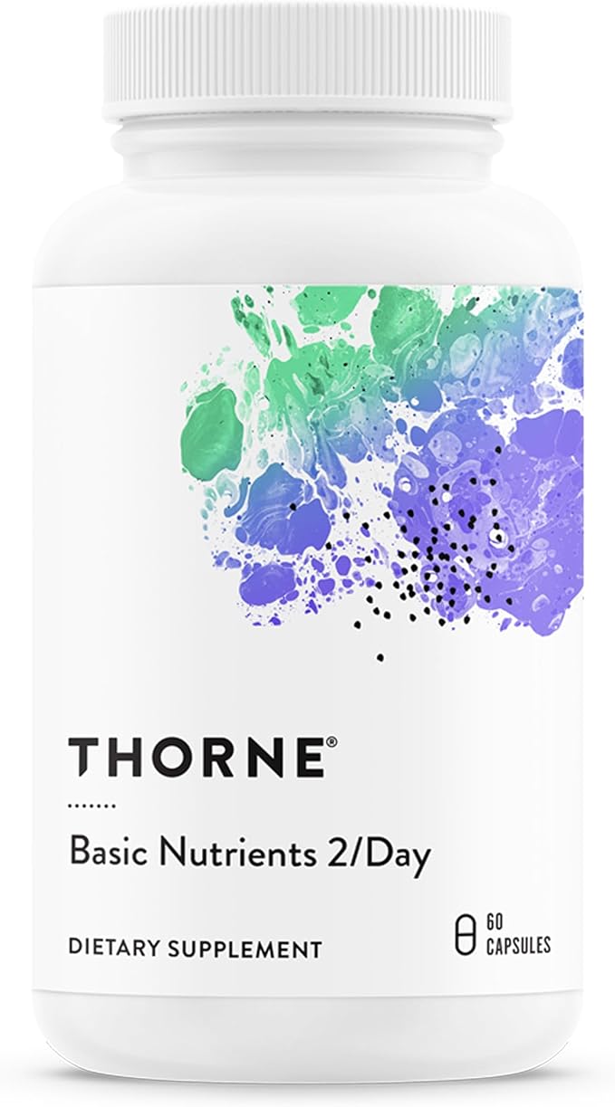 A white bottle of THORNE Basic Nutrients 2/Day features a colorful label and contains 60 capsules of a comprehensive daily multivitamin and mineral formula, gluten, dairy, and soy free for optimal bioavailability.