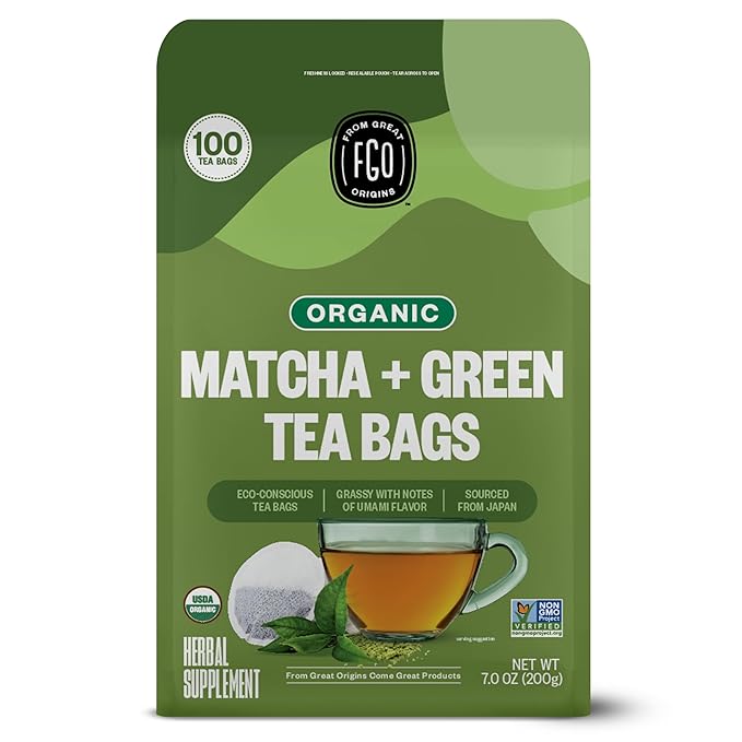 Organic Japanese Matcha + Green Tea, 100 Count, Eco-Conscious Tea Bags, Resealable Bag, Packaging May Vary (Pack of 1)