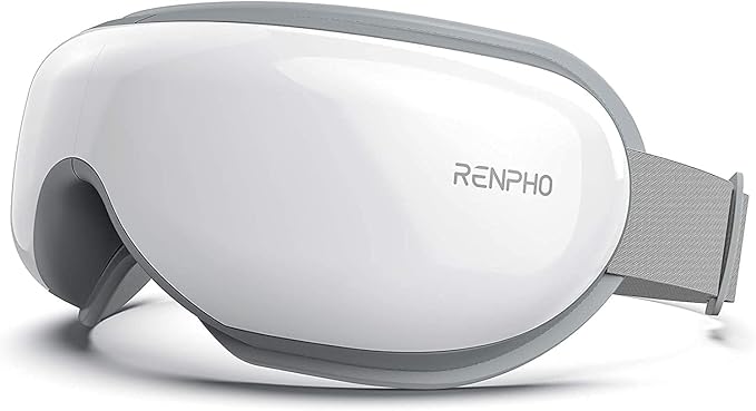 The RENPHO Eye Massager with Heat features a white and gray curved design with an adjustable strap—ideal as a soothing sleep mask for dry eyes, migraines, and relaxation. FSA/HSA eligible; perfect gift for any occasion.