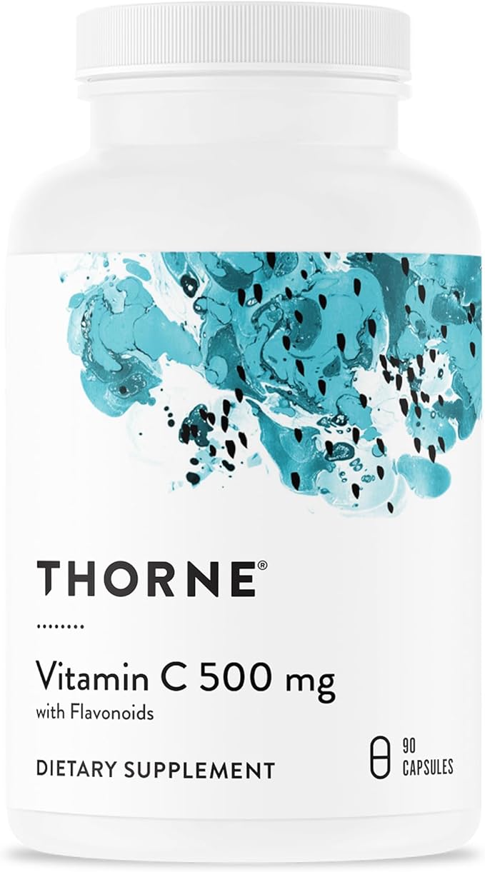 A white bottle labeled THORNE Vitamin C 500 mg with citrus bioflavonoids from oranges contains 90 servings to support immune system, cellular energy production, and collagen production. Third-party certified dietary supplement.