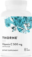 A white bottle labeled THORNE Vitamin C 500 mg with citrus bioflavonoids from oranges contains 90 servings to support immune system, cellular energy production, and collagen production. Third-party certified dietary supplement.