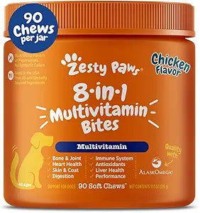 An orange jar of Zesty Paws Dog Multivitamin, chicken flavor, with 90 soft chews. These chewable supplements support hip & joints, skin & coat, heart, immunity, and digestion for dogs of all ages.