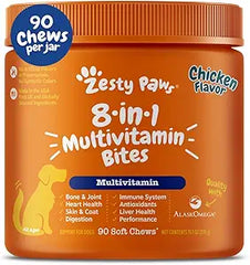 An orange jar of Zesty Paws Dog Multivitamin, chicken flavor, with 90 soft chews. These chewable supplements support hip & joints, skin & coat, heart, immunity, and digestion for dogs of all ages.