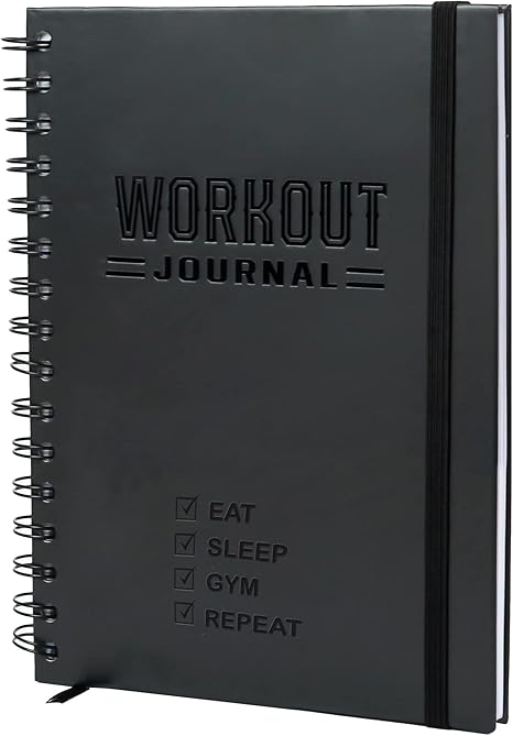 The Nextnoid Hardcover Fitness Journal is an A5 spiral-bound workout planner for men & women, with an elastic band and checklist cover, ideal for tracking gym and home workouts and monitoring your fitness progress.
