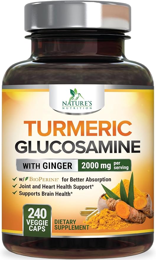 Nature’s Turmeric Curcumin Supplement—2000mg with 95% curcuminoids, glucosamine, ginger, MSM & BioPerine for absorption; vegan joint support; Non-GMO; made in the USA—240 capsules per bottle.