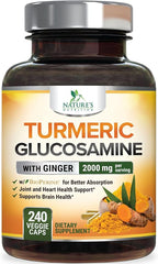 Nature’s Turmeric Curcumin Supplement—2000mg with 95% curcuminoids, glucosamine, ginger, MSM & BioPerine for absorption; vegan joint support; Non-GMO; made in the USA—240 capsules per bottle.
