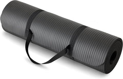 The Showlu Well Nation Store 1/2 Inch Extra Thick Exercise Yoga Mat, featuring a textured surface and black carrying strap, offers cushioned support for fitness and gym workouts; shown rolled up on a white background.