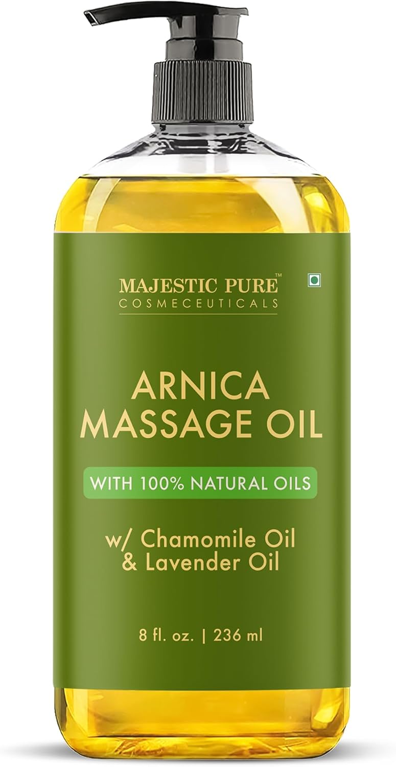 MAJESTIC PURE Arnica Massage Oil, 8 fl oz, with natural lavender and chamomile oils—refreshing and relaxing, ideal for muscle relaxation and post-workout recovery; suitable for all skin types, men and women.