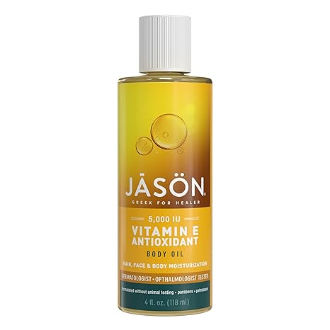 A 4 fl. oz. bottle of JASON Vitamin E 5,000 IU Moisturizing Body Oil for hair, face, and body leaves skin deeply moisturized. This cruelty-free oil comes with a yellow and orange label.