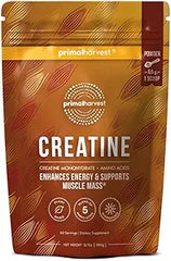 A brown and orange pouch labeled Primal Harvest Creatine Powder Supplement for Men and Women highlights micronized creatine monohydrate, amino acids, energy-boosting, muscle growth support, purity icons, and servings in this vegan fitness supplement.