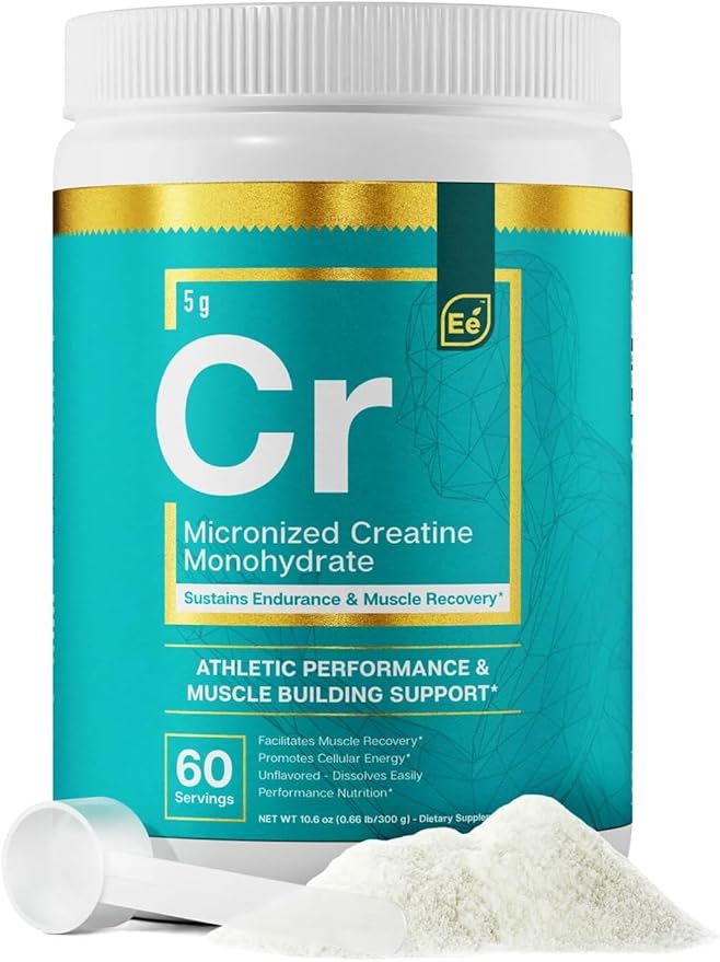 A container of Essential Elements Micronized Creatine Monohydrate Powder for Men & Women, unflavored and easily dissolved, with a scoop and powder beside it; label notes 60 servings for athletic performance, muscle building, and recovery energy.