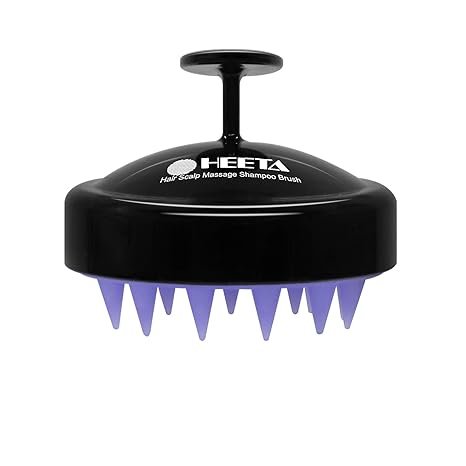 A black HEETA Scalp Massager Hair Growth brush with soft silicone bristles for exfoliation, dandruff removal, and stress relief; suitable for wet or dry use on thick, thin, or curly hair.